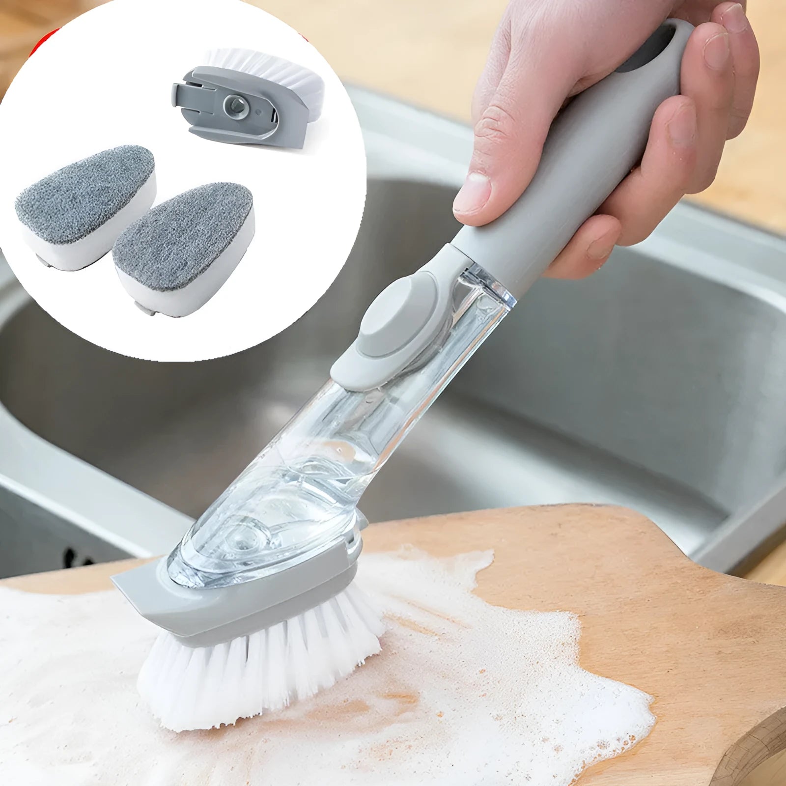 2 in 1 long handle cleaning brush with removable brush head and sponge for kitchen use