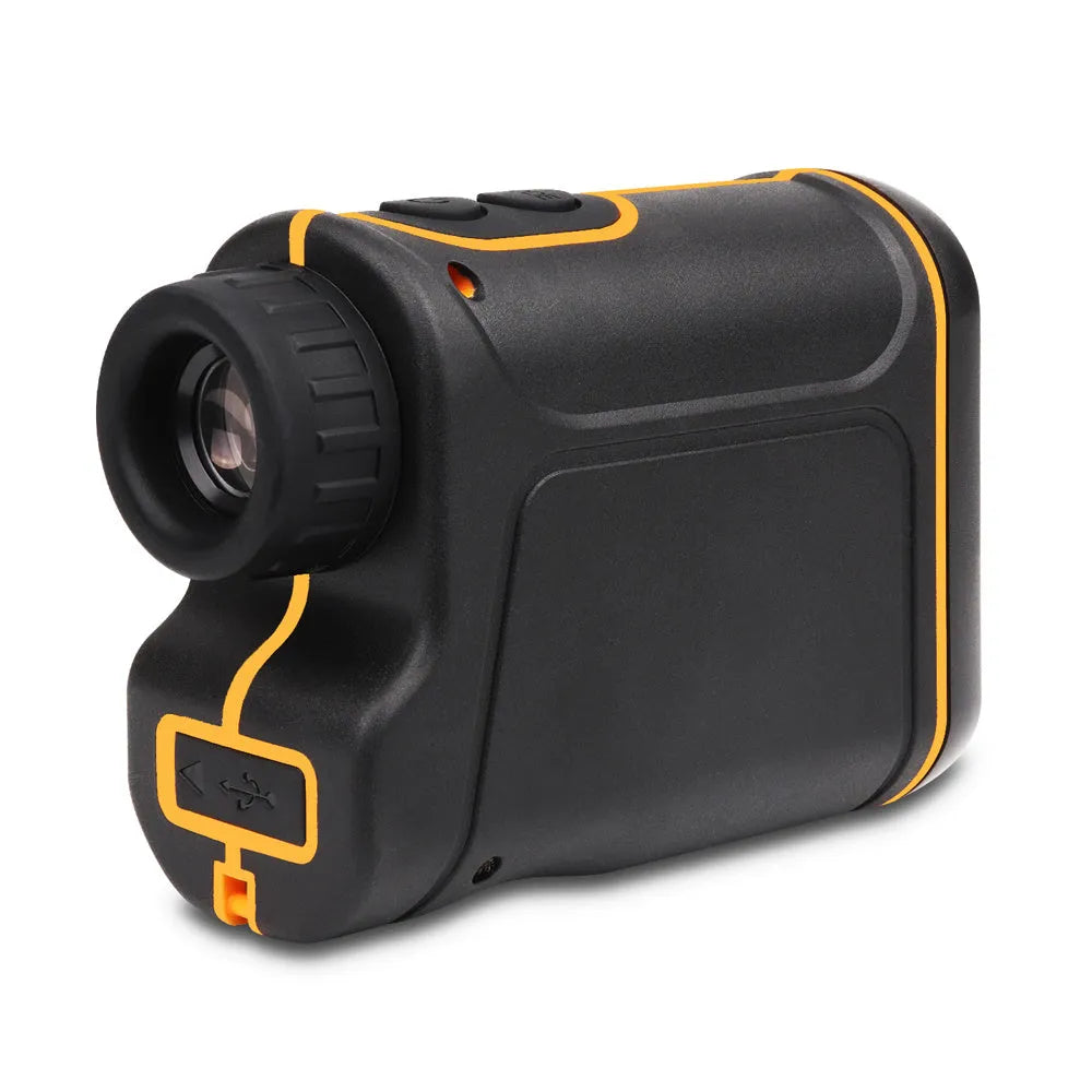 Outdoor handheld golf rangefinder device showing compact design on green background.