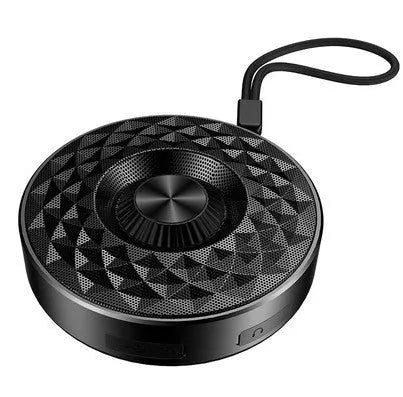 Black, orange, and silvery white mini portable Bluetooth speaker with microphone
