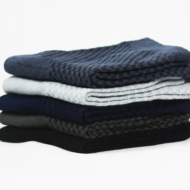 Pack of five men's bamboo fibre ankle socks in different colours, showing small square pattern.