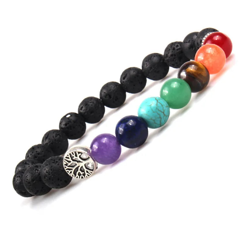Handmade black lava seven chakra beaded bracelet on neutral background, 8mm or 10mm beads