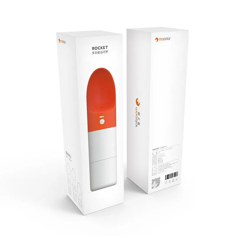 Moestar rocket-shaped pet drinking cup in white with grey or orange accents showing one-button lock mechanism