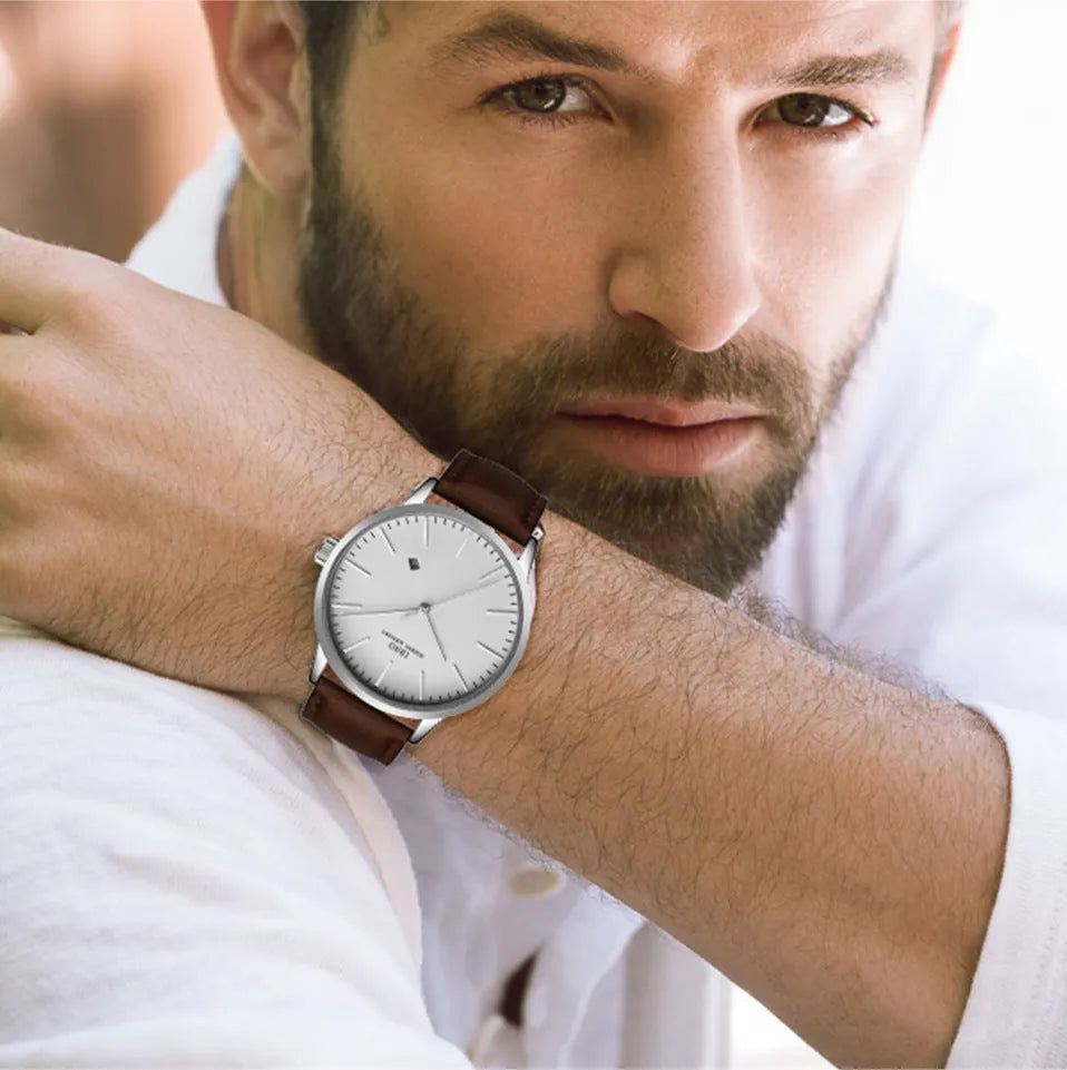 Men's quartz watch set with round alloy case, 37mm dial, leather band and buckle clasp, available in four colours