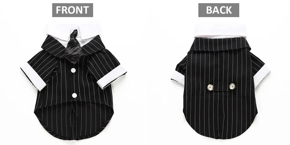 Polyester England style pet dog suit in Black tie, Blue bow tie, Striped dovetail, Striped suit, or White tie, sizes S to XL