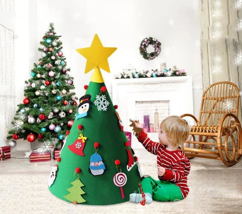 Felt Christmas tree three-dimensional pendant DIY craft kit with felt balls and cone tree shape, 50x60cm, on a white background.