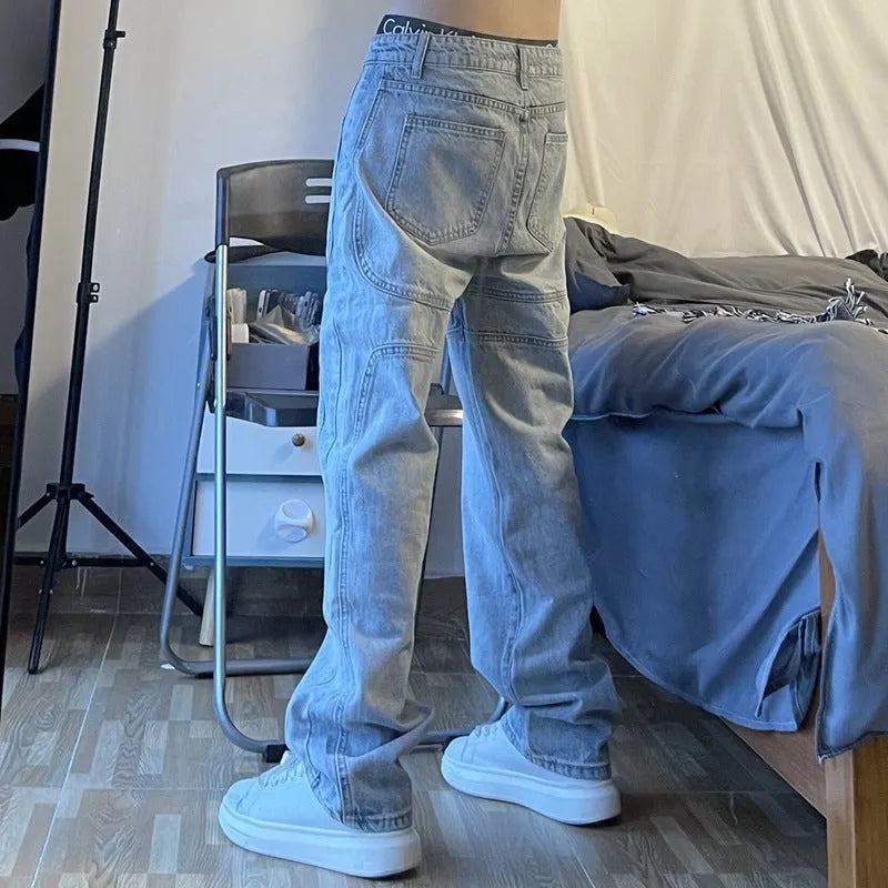 National Tide straight retro wash blue jeans for men and women, loose fit middle waist denim trousers