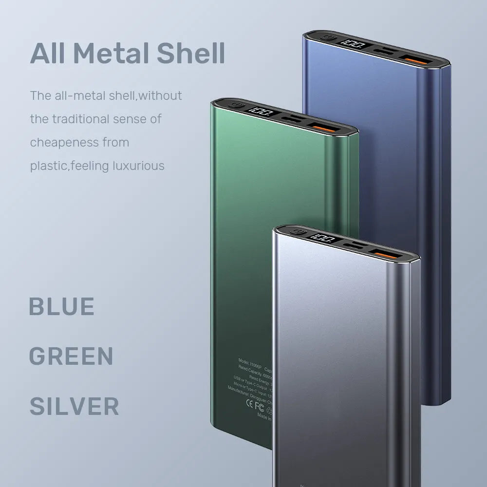 Silver 10,000 mAh fast charging power bank with digital display and metal shell on white background