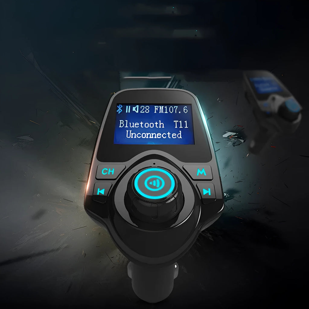 Black car Bluetooth FM transmitter hands-free device plugged into a 12V socket