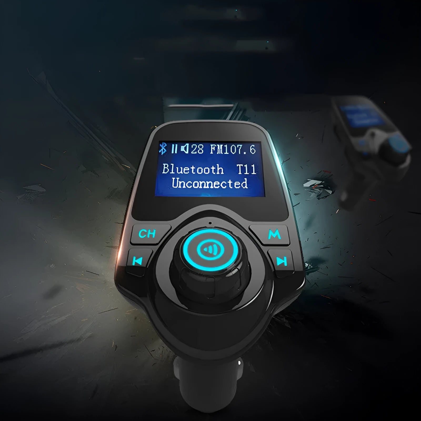 Black car Bluetooth FM transmitter hands-free device plugged into a 12V socket