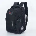 Black polyester travel outdoor backpack with shoulder pad, hard handle and metal element
