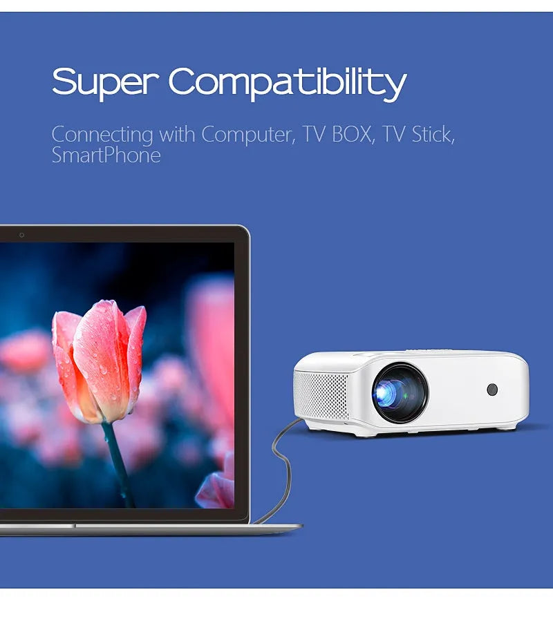 White full HD projector with 1280x720 resolution, Android 7.1, 2800 lumens and 50,000-hour LED