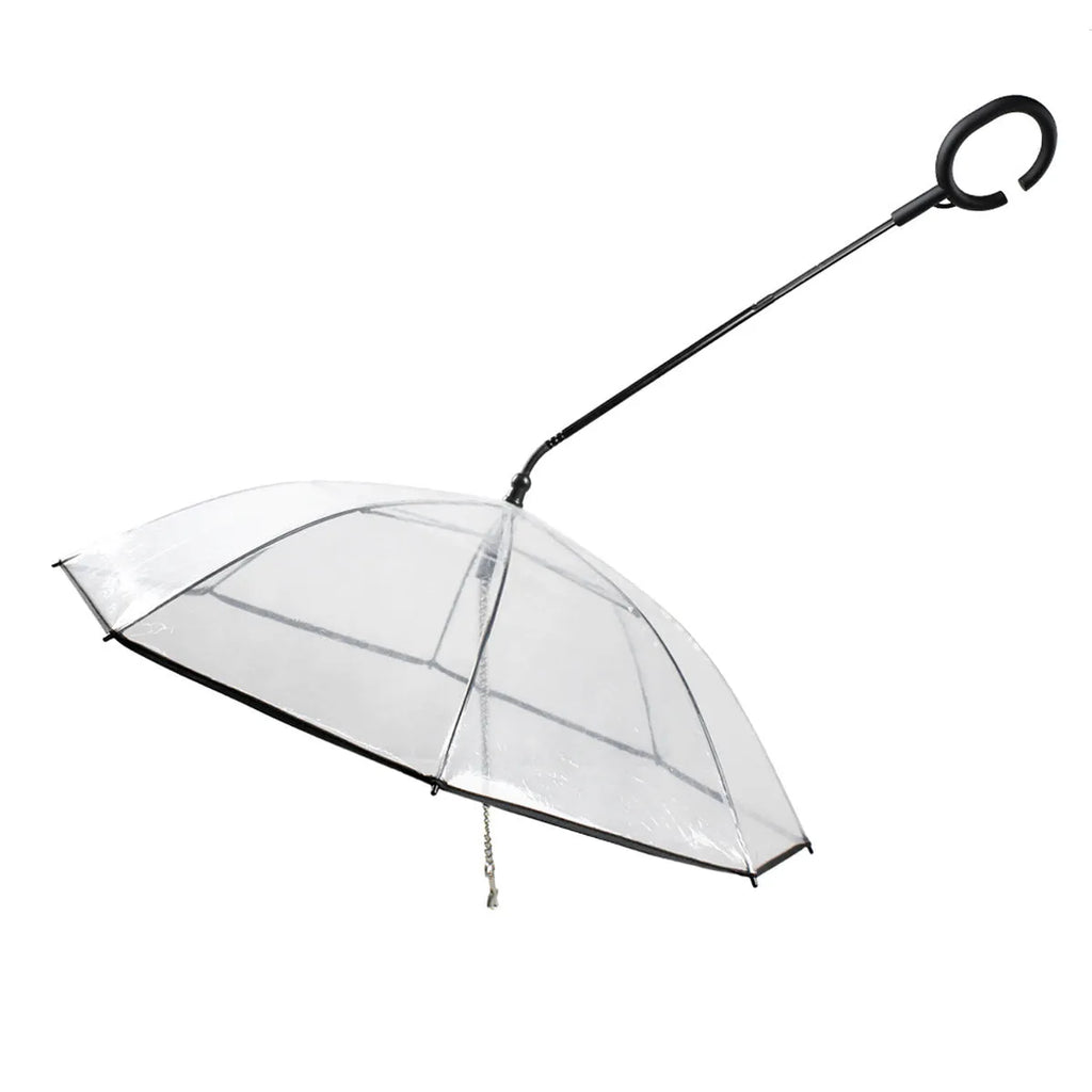 Transparent pet umbrella with white C-shaped handle, 70cm PVC canopy, and fibreglass frame for dog walks in rain