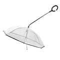 Transparent pet umbrella with white C-shaped handle, 70cm PVC canopy, and fibreglass frame for dog walks in rain