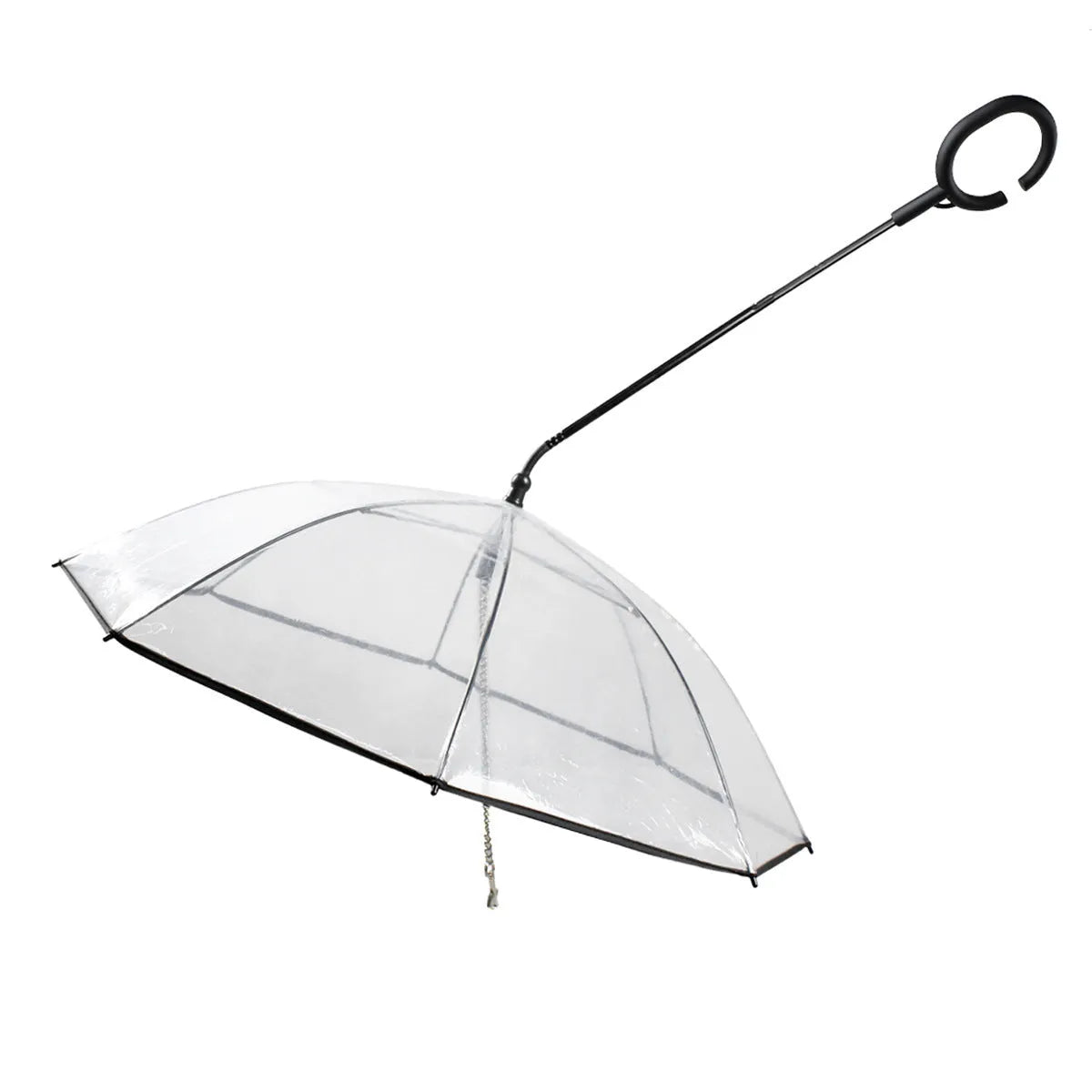Transparent pet umbrella with white C-shaped handle, 70cm PVC canopy, and fibreglass frame for dog walks in rain