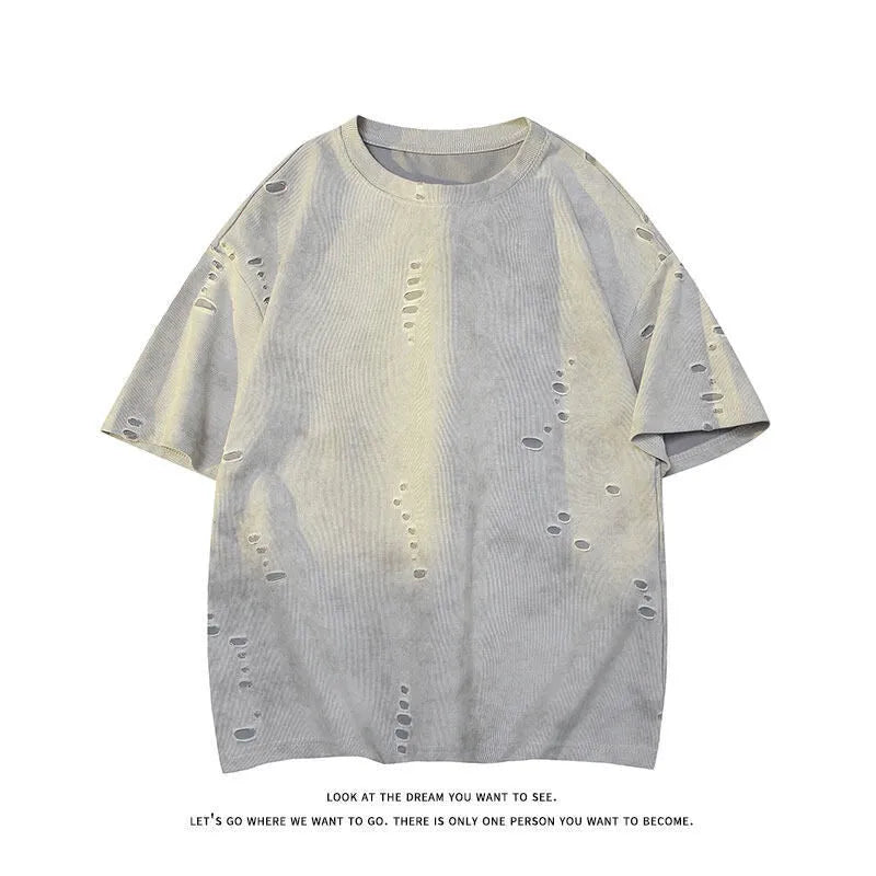 Men's grey ripped short sleeve t-shirt with loose fit design