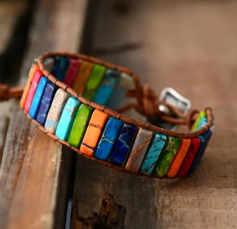 Hand-woven leather bracelet with agate stone, 17cm adjustable button-to-knot ethnic style bracelet