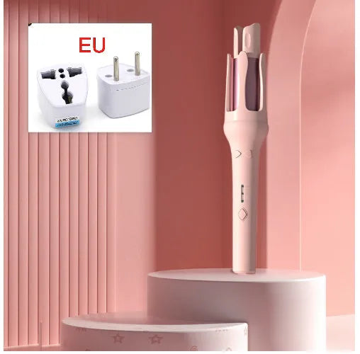 White and pink automatic hair curler with a rotating 32mm ceramic barrel and a power plug.