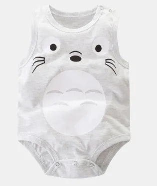 Newborn baby wearing a sleeveless 100% cotton vest romper with a colourful animal print.