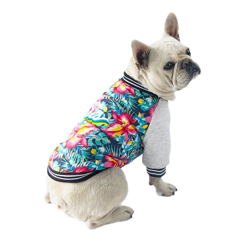 Red stretch printed two-legged dog clothes for pitbull with cotton fleece lining on a light background