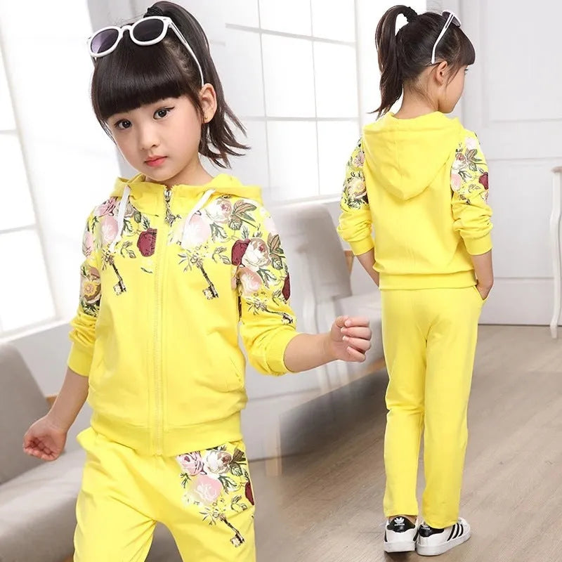 Children's hooded tracksuit set in pink, red or yellow with matching trousers