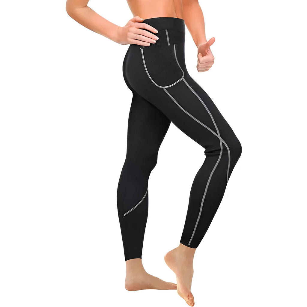 Black shaping fitness pants with compression nylon and neoprene fabric for running and gym workouts