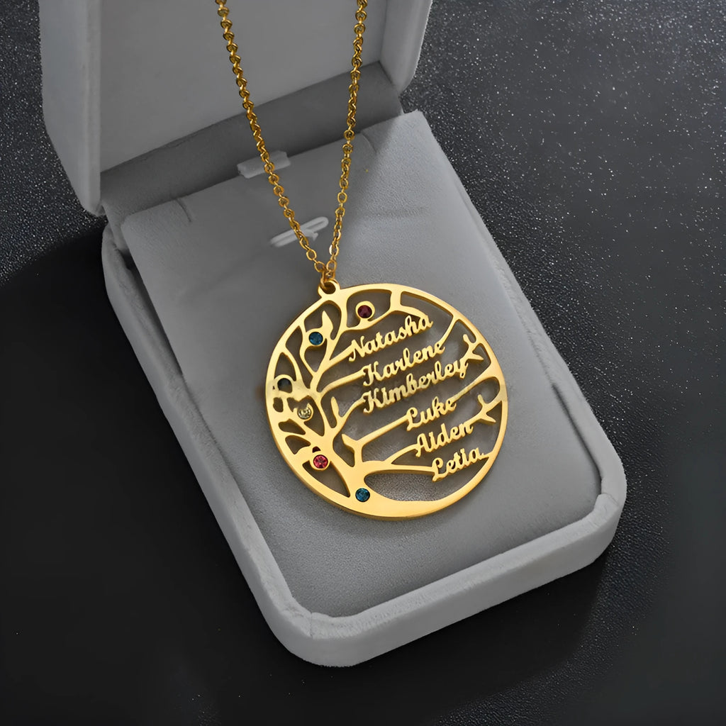 Personalised gold stainless steel Tree of Life necklace with custom name engraving on a white background