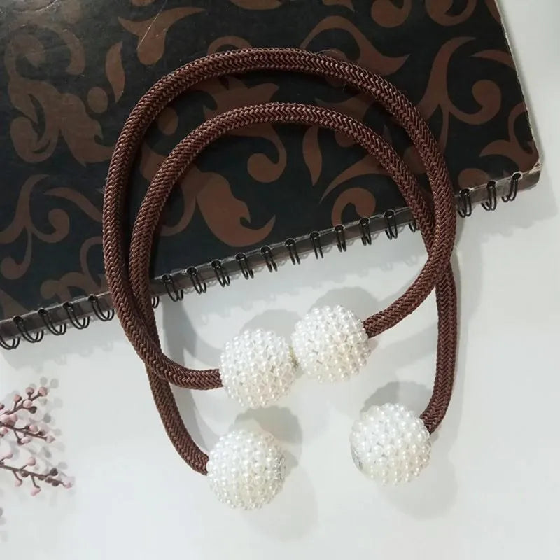 Magnetic curtain tiebacks with pearl beads in Beige, Coffee, Gray and other colours, holding curtain fabric back