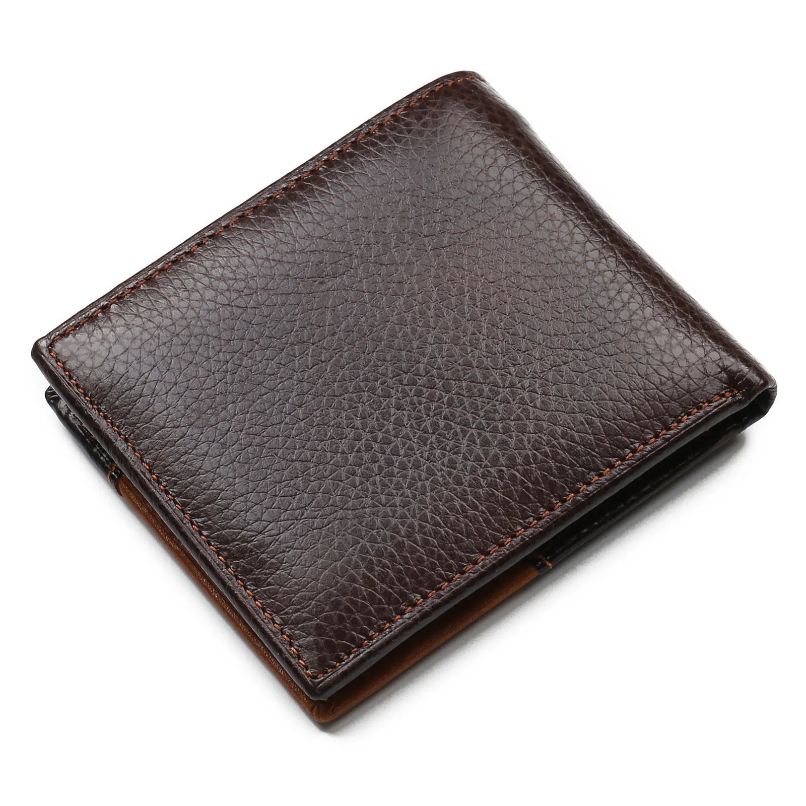 Horizontal soft cowhide men's wallet open to show bill holder, card slots, and zippered coin compartment with contrast stitching.