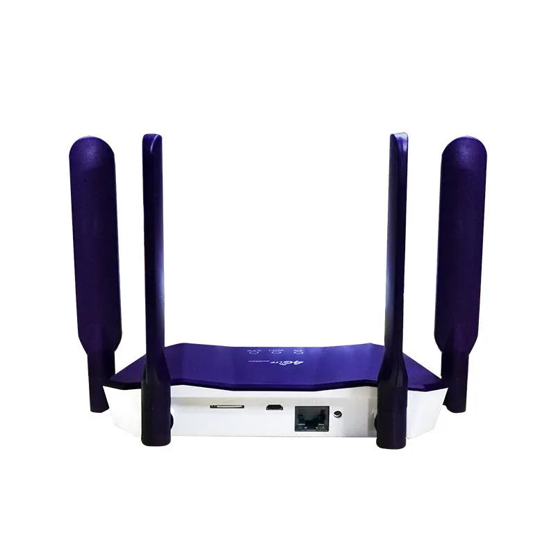 Blue 4G and wired dual-mode internet router with four external adjustable antennas.