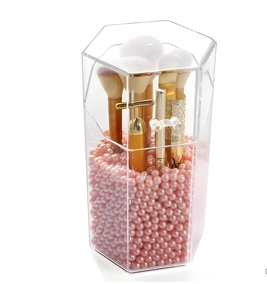 Transparent six-sided makeup brush storage bucket, plastic, 12.5x11x22cm, in pink or white