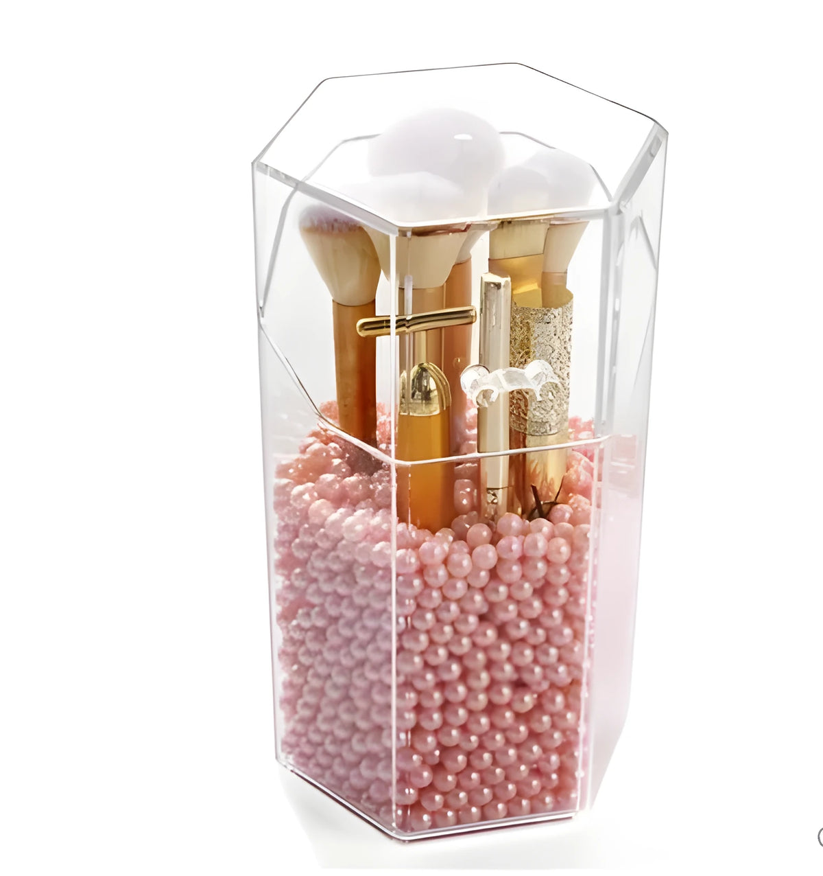 Transparent six-sided makeup brush storage bucket, plastic, 12.5x11x22cm, in pink or white