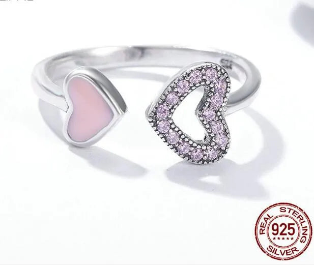 925 Sterling Silver Heart to Heart Enamel Ring with Clear Cubic Zirconia Tension Mount for Women