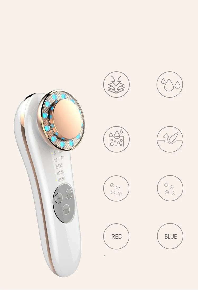 7 in 1 facial massager in platinum or silver with red blue light and EMS micro current, 45 x 55 x 151 mm