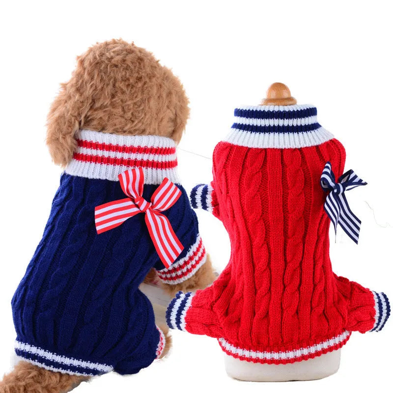 Casual wool dog pet sweater in four-legged design, available in Blue, Pink, Red, Navy, and Strap styles for small to medium dogs