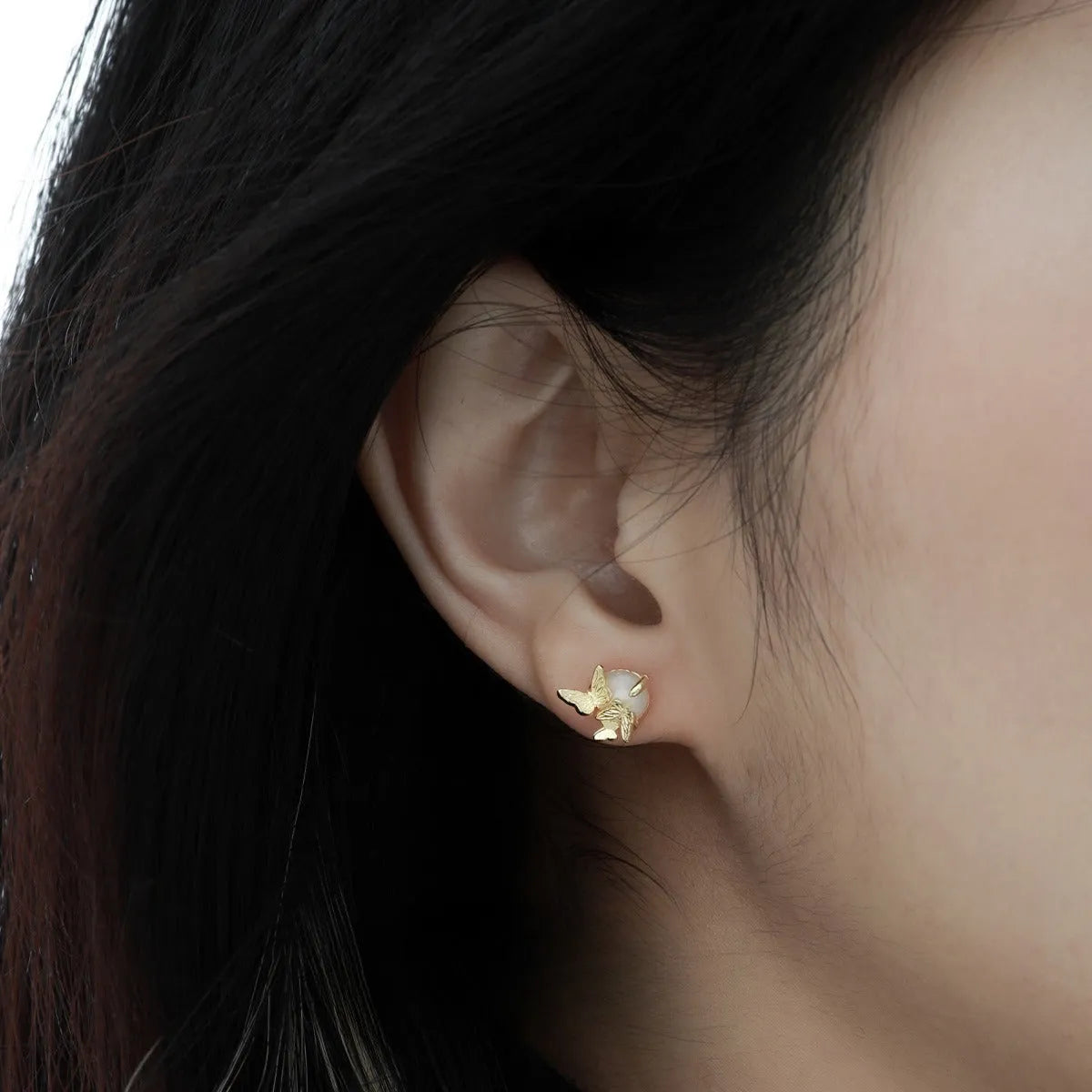 Butterfly-themed 925 silver ear studs with electroplated gold or white gold colour finishes