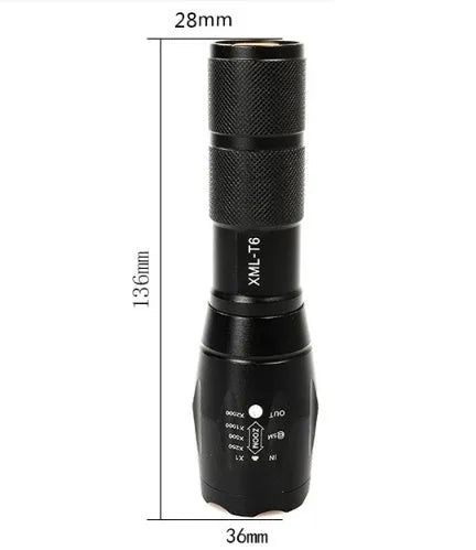Black aluminium zoomable LED flashlight with adjustable focus ring and anti-skid body.