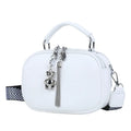 Oval-shaped women's small square bag in soft PU leather with double strap, shown in multiple colours.