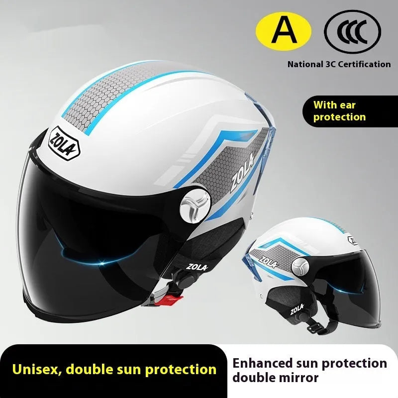 Children's universal motorcycle half helmet with a double mirror visor and ABS shell in various colour options.