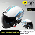 Children's universal motorcycle half helmet with a double mirror visor and ABS shell in various colour options.