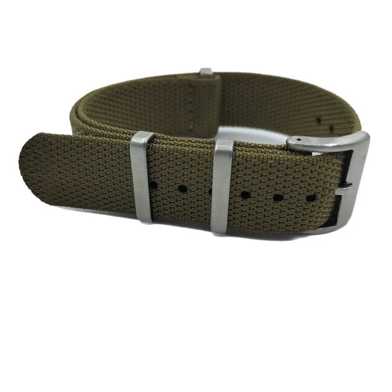 Nylon integrated watch strap in Army Green colour, shown alongside Black, Blue, Khaki, and Gray options.