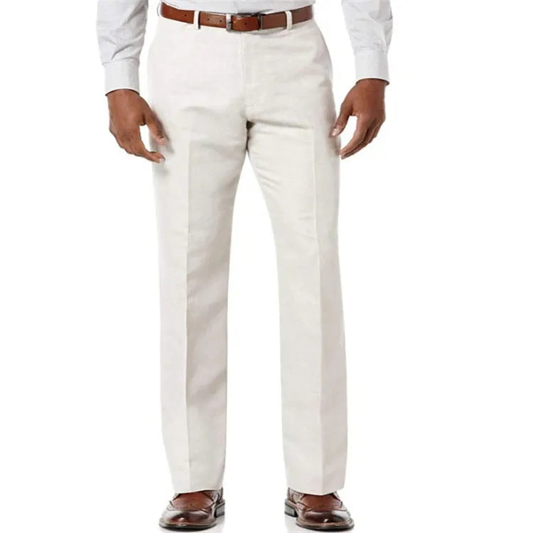 Men's beige white linen-cotton casual trousers with slant pockets laid flat.