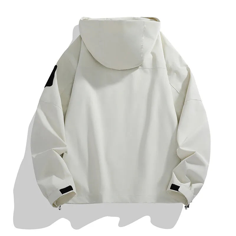 Men's hooded shell jacket in ivory white polyester blend for outdoor use