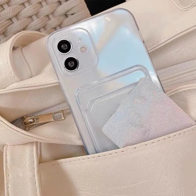 Transparent PVC phone case for iPhone with a built-in slot for credit cards.