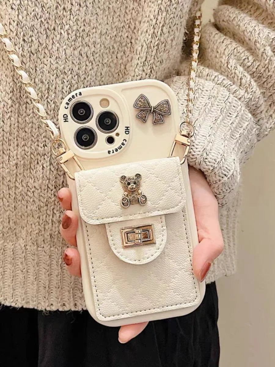 Metal bow bear rhombus silicone phone case for Apple iPhone with card holder and black lanyard
