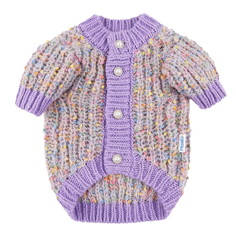 Purple dog cardigan sweater for small dogs in XL and XXL sizes with front opening
