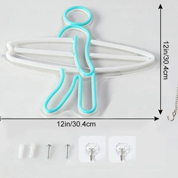 Surfer neon sailboat acrylic plate wall decoration with 5V LED, IP65 waterproof, for indoor and covered outdoor use