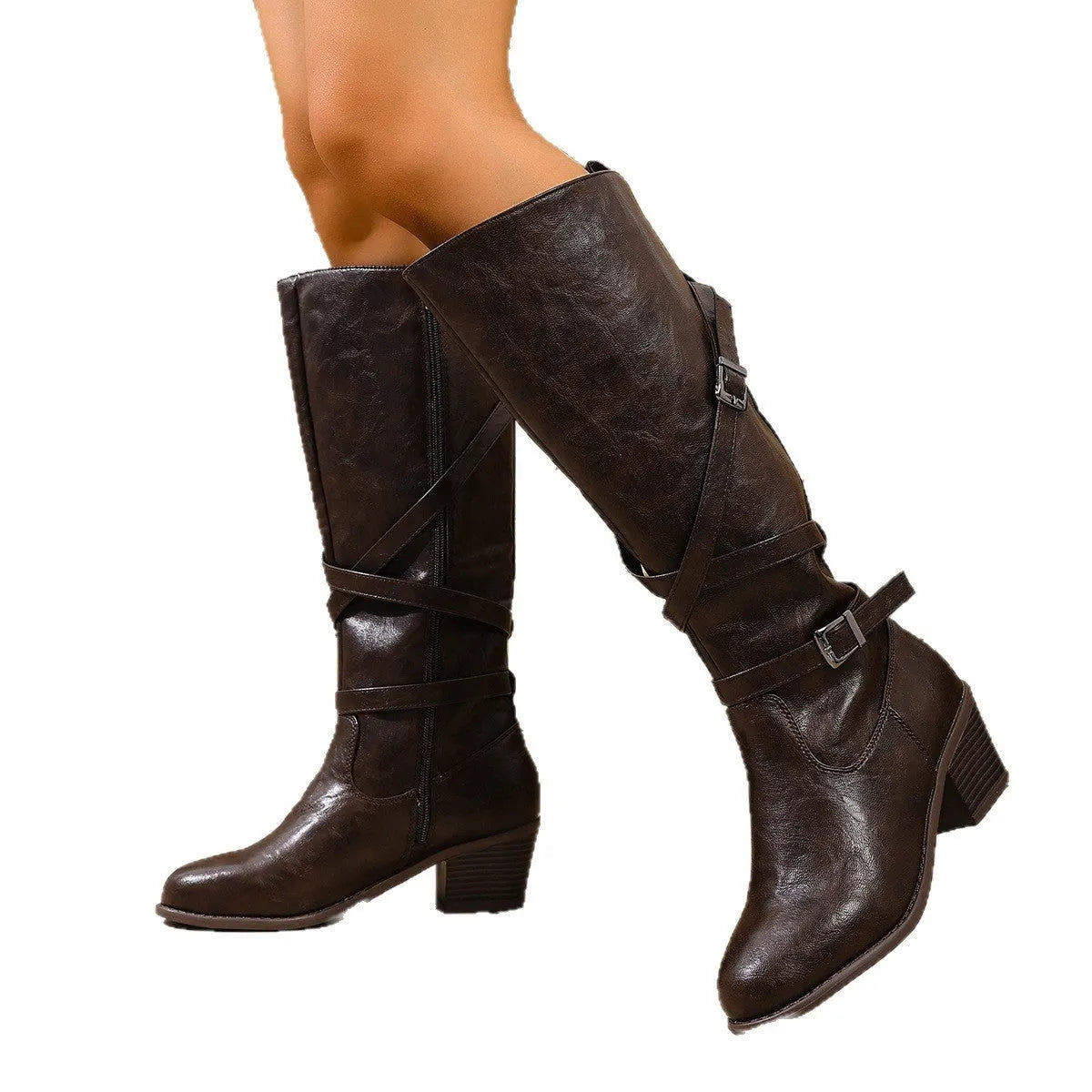 Women's retro cross belt buckle chunky mid heel knight boots in black and brown with side zipper and pointed toe