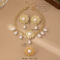 French retro hollow flower pearl tassel jewellery set in white, including necklace, earrings, and ring, alloy material