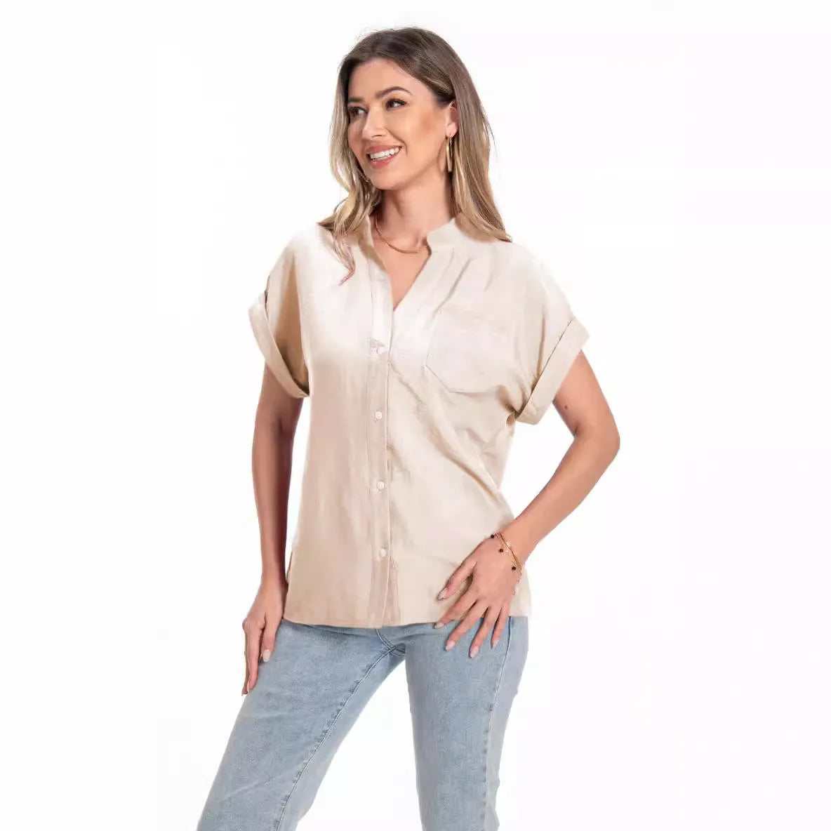 Women's loose fit short sleeve summer top with stand collar and button front in Army Green.