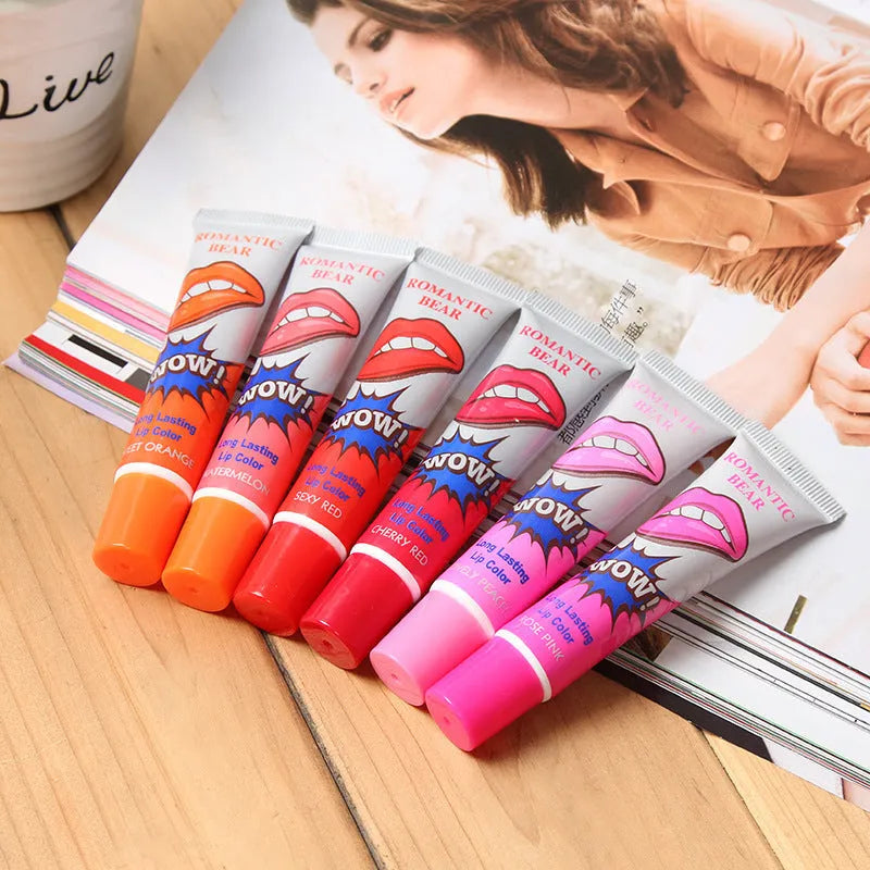 Set of six peel off liquid lipstick colours in Rose Pink, Cherry Red, Sex Red, Watermelon, Lovely Peach, and Sweet Orange